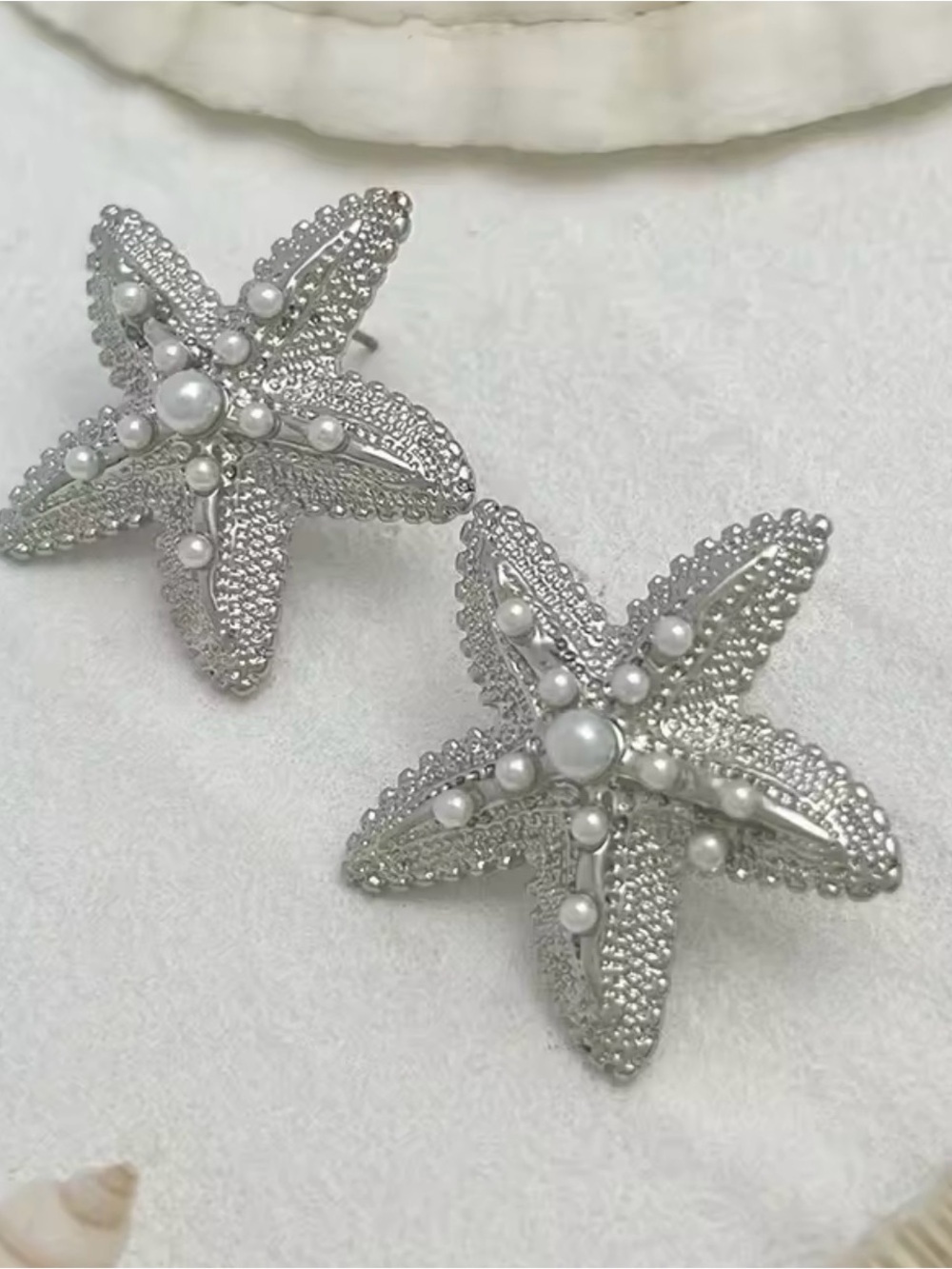 Starfish Silver Pearl Stud Earrings